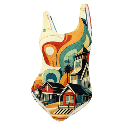 Coastal Retreat One-Piece Swimsuit: Vibrant Beach House Print