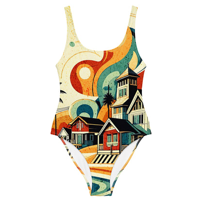 Coastal Retreat One-Piece Swimsuit: Vibrant Beach House Print