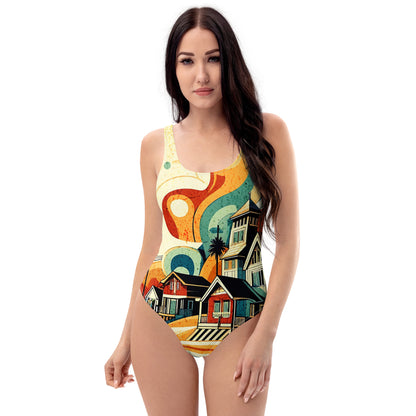 Coastal Retreat One-Piece Swimsuit: Vibrant Beach House Print