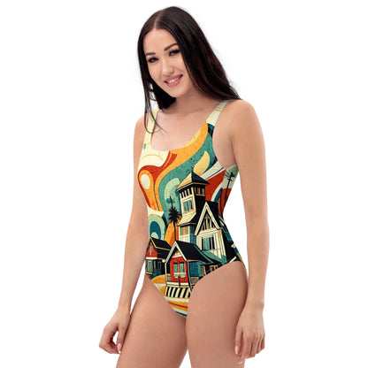 Coastal Retreat One-Piece Swimsuit: Vibrant Beach House Print