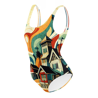 Coastal Retreat One-Piece Swimsuit: Vibrant Beach House Print