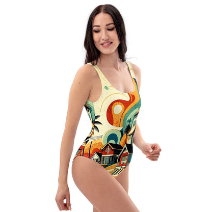 Coastal Retreat One-Piece Swimsuit: Vibrant Beach House Print