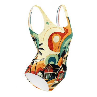 Coastal Retreat One-Piece Swimsuit: Vibrant Beach House Print