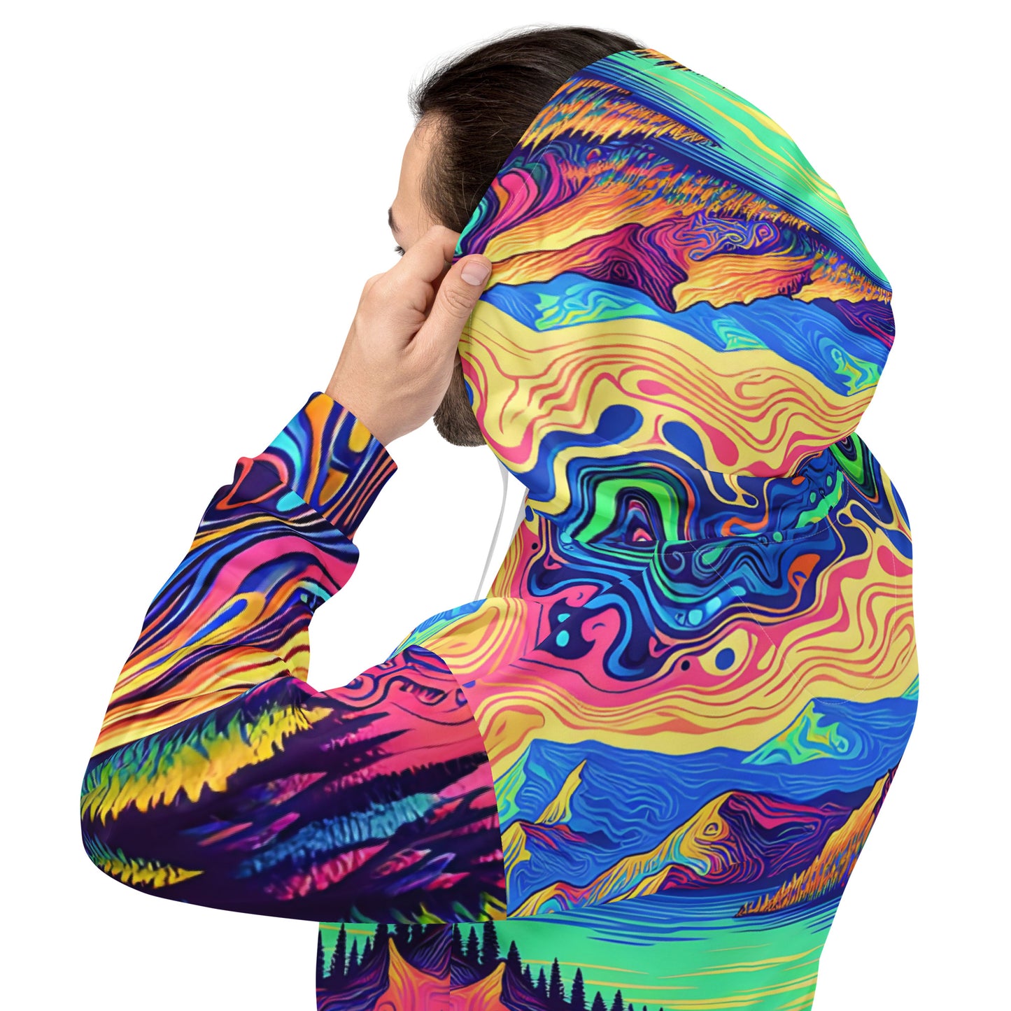 Psychedelic Hoodie Adult, Mountain Lake Forest Landscape All Over Print