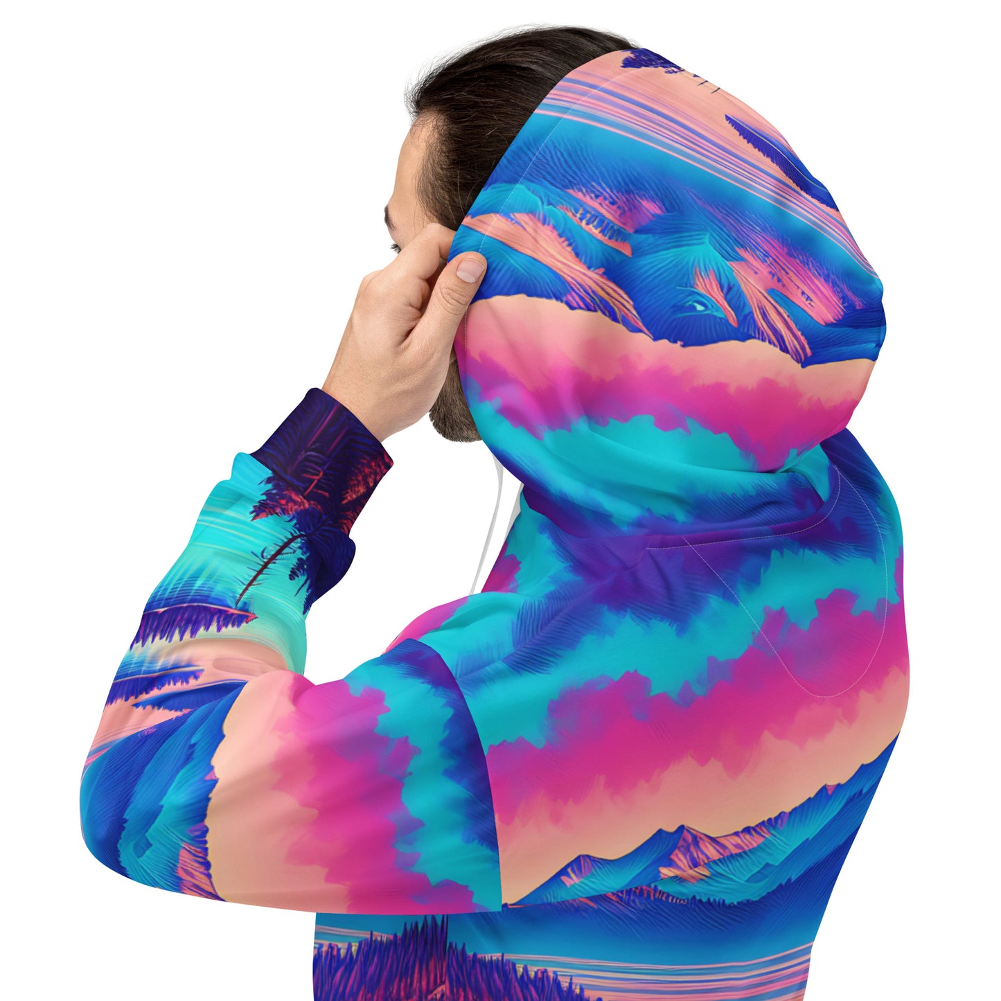 Mountain Landscape Graphic Adult Hoodie, Alpine Glow Sunset All Over Print Pocket