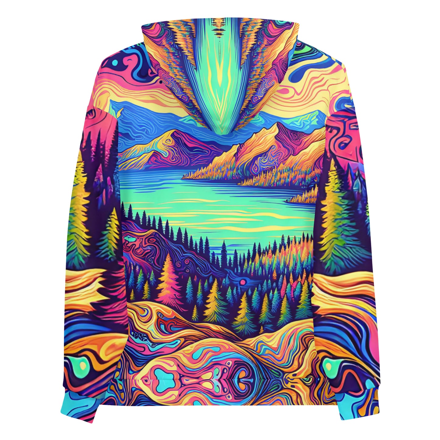 Psychedelic Hoodie Adult, Mountain Lake Forest Landscape All Over Print