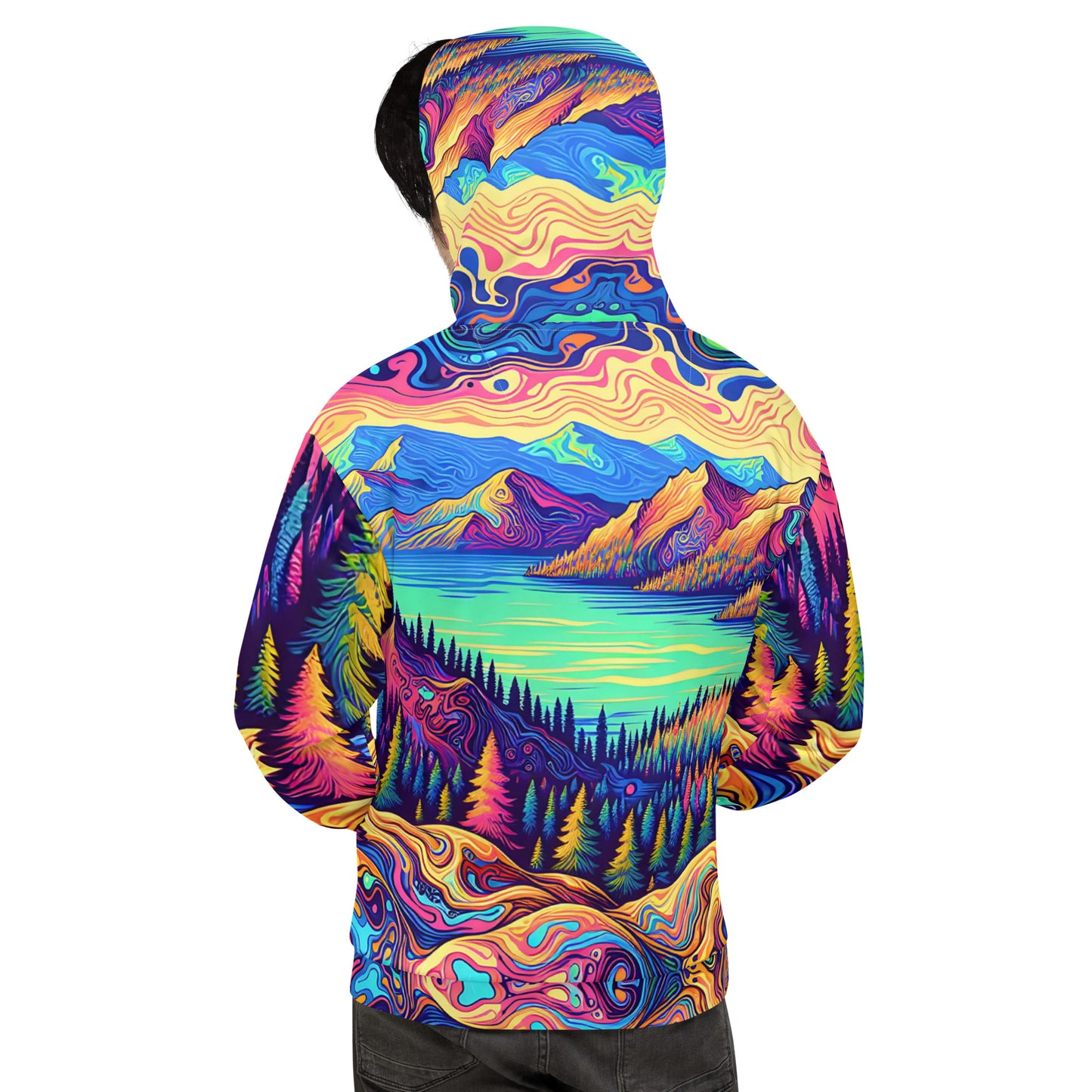 Psychedelic Hoodie Adult, Mountain Lake Forest Landscape All Over Print