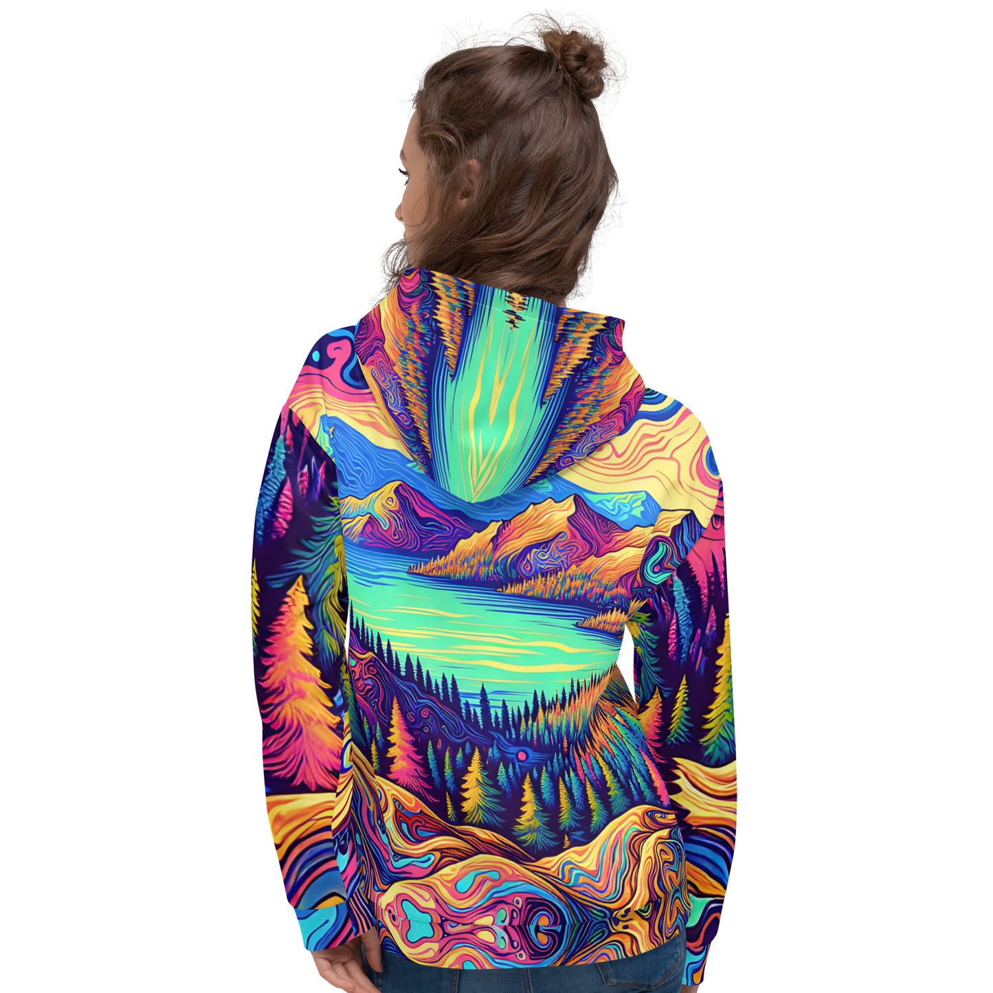 Psychedelic Hoodie Adult, Mountain Lake Forest Landscape All Over Print