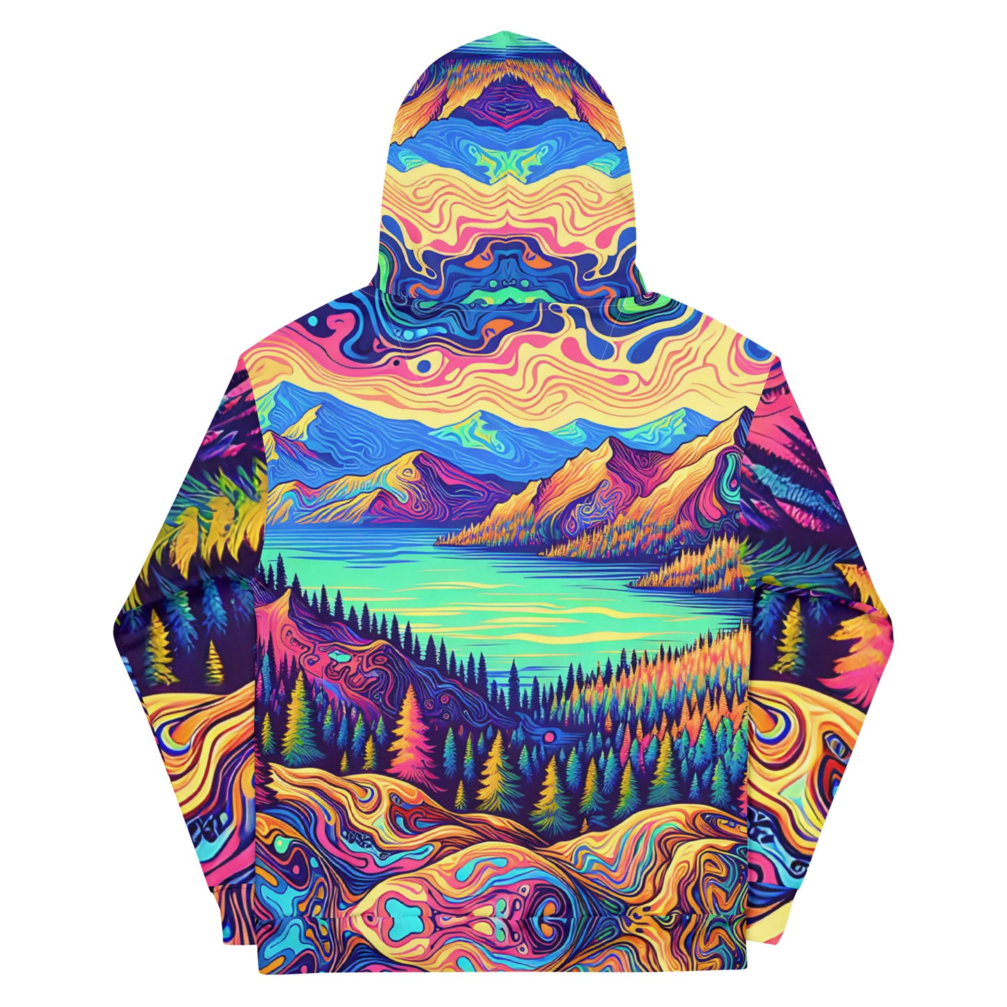 Psychedelic Hoodie Adult, Mountain Lake Forest Landscape All Over Print