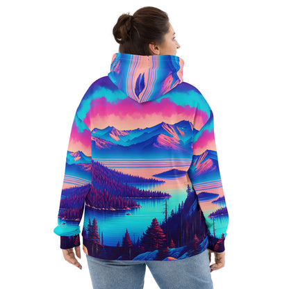 Mountain Landscape Graphic Adult Hoodie, Alpine Glow Sunset All Over Print Pocket