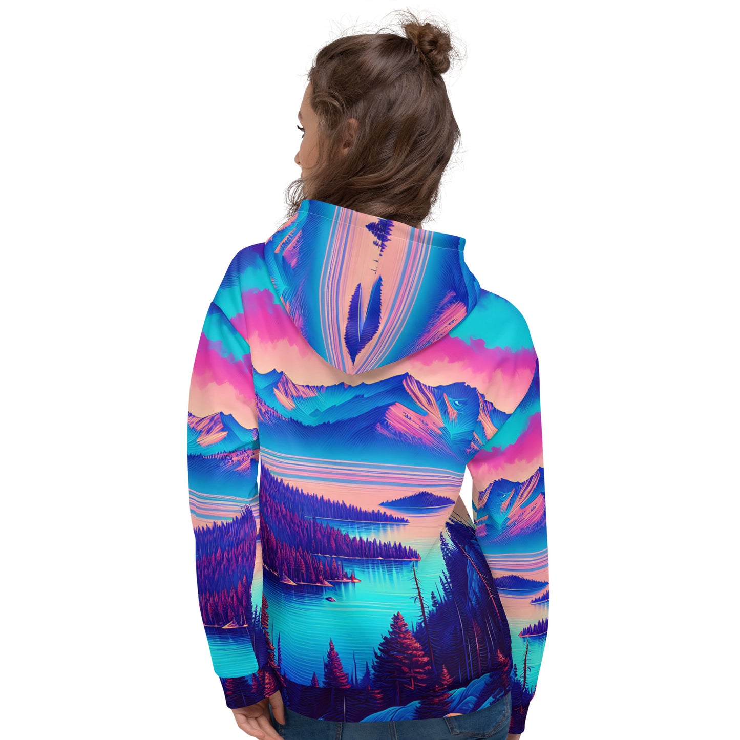 Mountain Landscape Graphic Adult Hoodie, Alpine Glow Sunset All Over Print Pocket