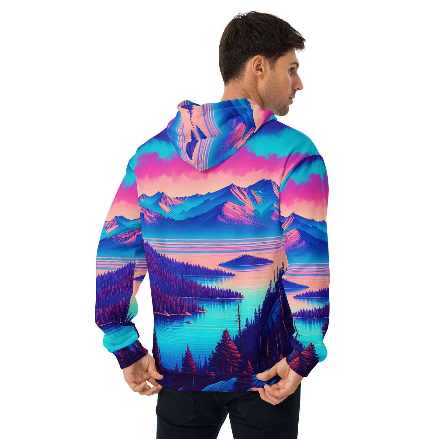 Mountain Landscape Graphic Adult Hoodie, Alpine Glow Sunset All Over Print Pocket