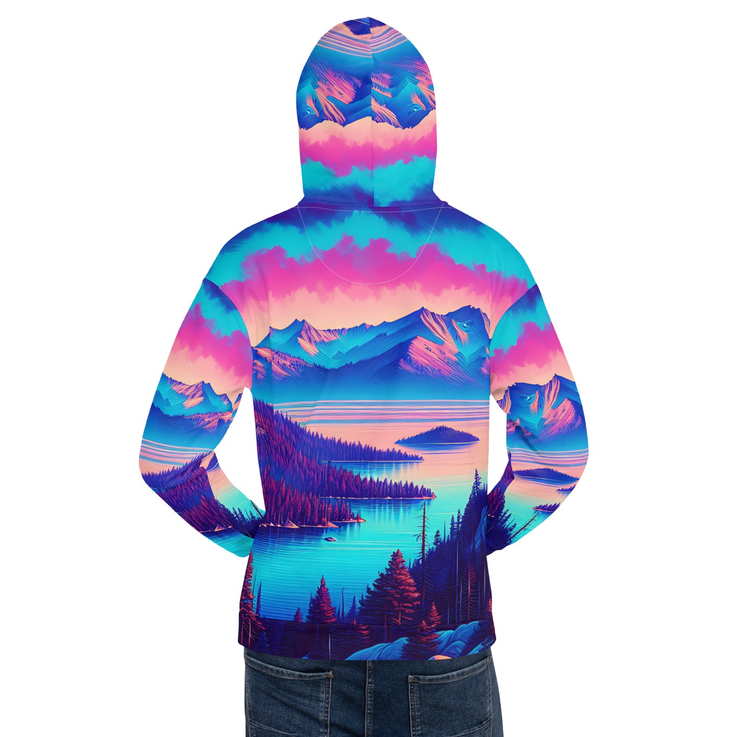 Mountain Landscape Graphic Adult Hoodie, Alpine Glow Sunset All Over Print Pocket