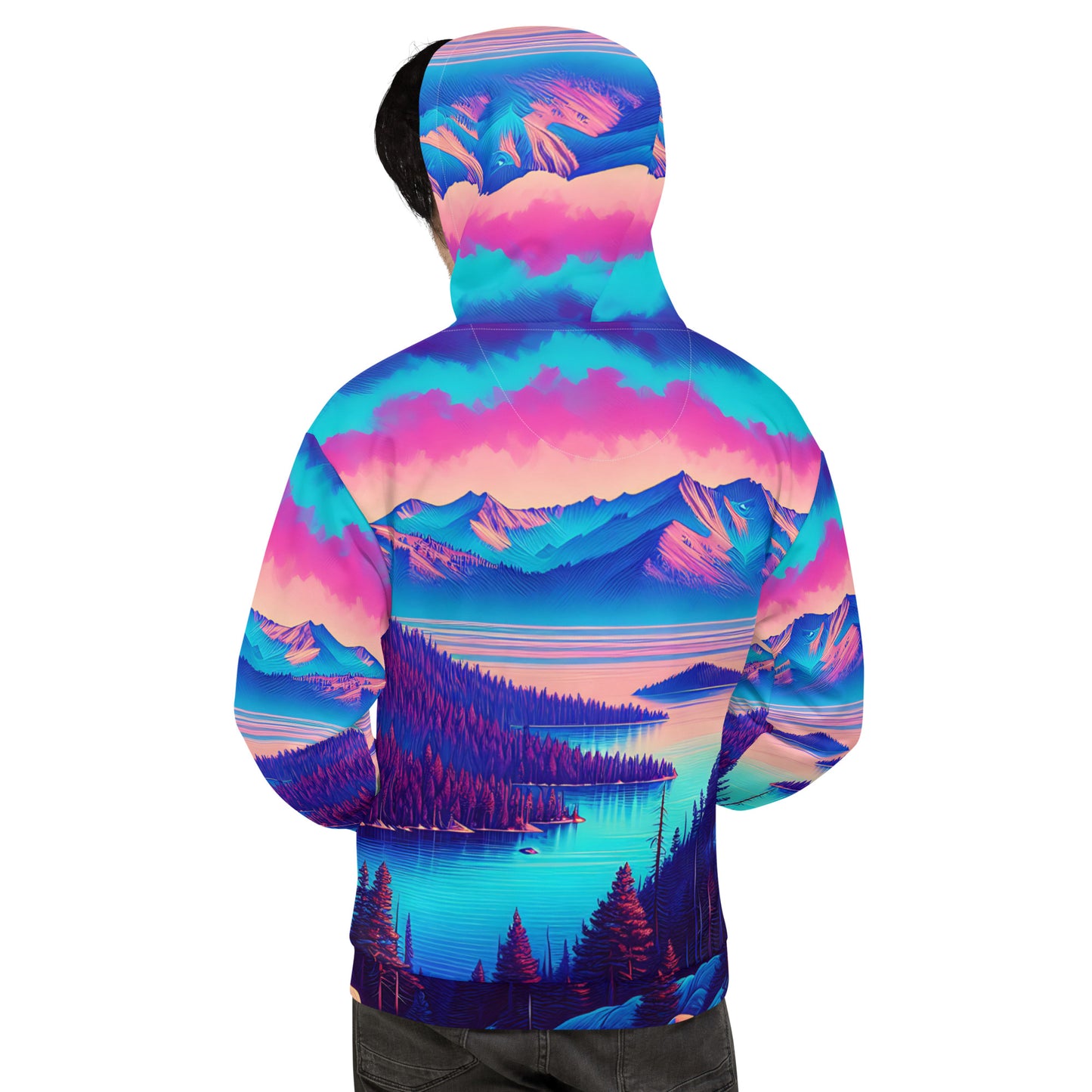 Mountain Landscape Graphic Adult Hoodie, Alpine Glow Sunset All Over Print Pocket