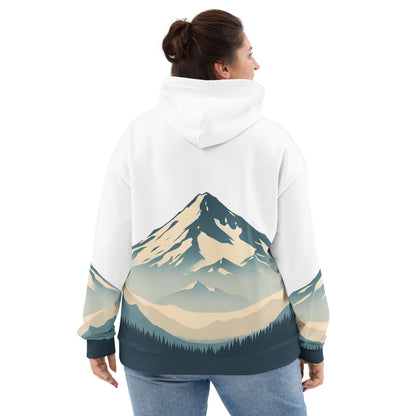 Mount Shasta Graphic Pullover Hoodie, All Over Print Minimalist Artistic Illustration White & Blue Nature Lover Outdoors Design