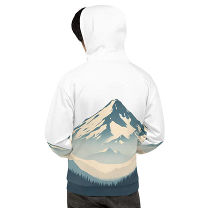 Mount Shasta Graphic Pullover Hoodie, All Over Print Minimalist Artistic Illustration White & Blue Nature Lover Outdoors Design