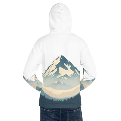 Mount Shasta Graphic Pullover Hoodie, All Over Print Minimalist Artistic Illustration White & Blue Nature Lover Outdoors Design