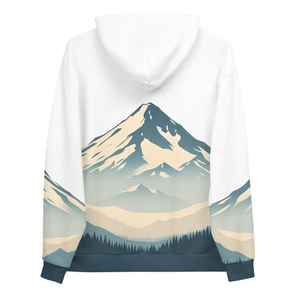 Mount Shasta Graphic Pullover Hoodie, All Over Print Minimalist Artistic Illustration White & Blue Nature Lover Outdoors Design