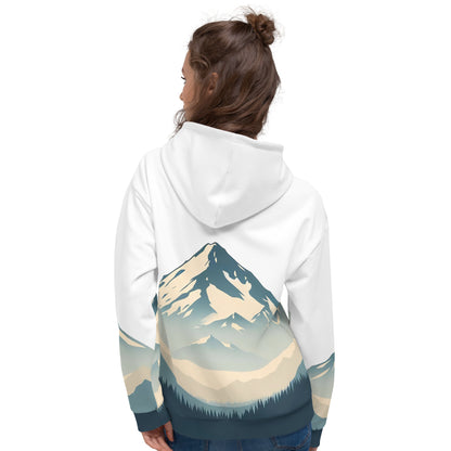 Mount Shasta Graphic Pullover Hoodie, All Over Print Minimalist Artistic Illustration White & Blue Nature Lover Outdoors Design