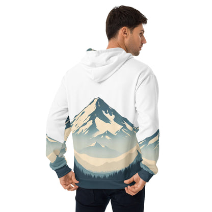 Mount Shasta Graphic Pullover Hoodie, All Over Print Minimalist Artistic Illustration White & Blue Nature Lover Outdoors Design