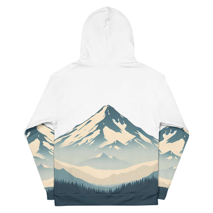 Mount Shasta Graphic Pullover Hoodie, All Over Print Minimalist Artistic Illustration White & Blue Nature Lover Outdoors Design