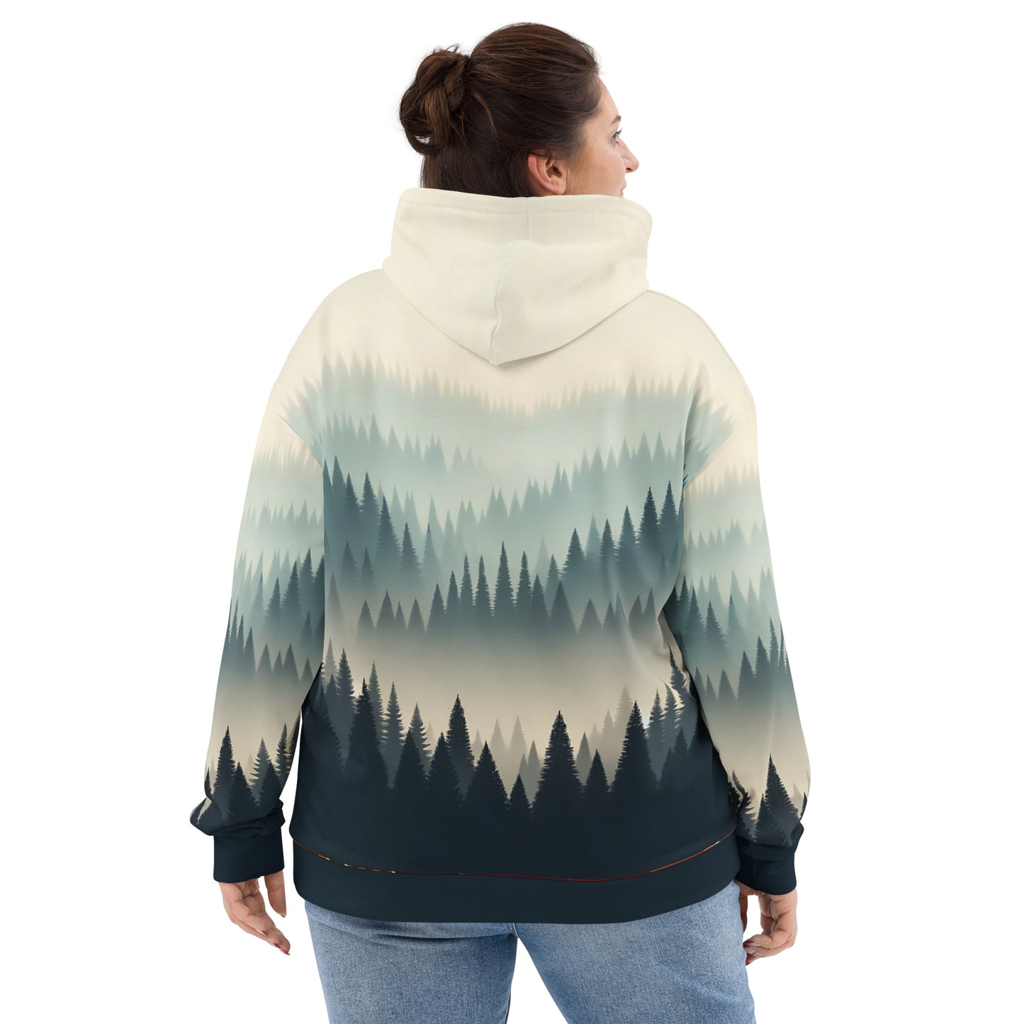 Misty Forest Hoodie Adult, Minimalist Forest Tree Line Gradient All-Over Print Graphic Pullover