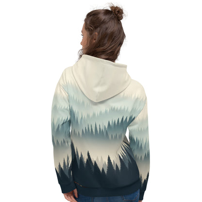 Misty Forest Hoodie Adult, Minimalist Forest Tree Line Gradient All-Over Print Graphic Pullover