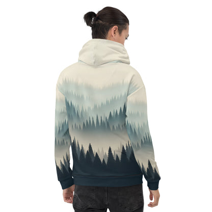 Misty Forest Hoodie Adult, Minimalist Forest Tree Line Gradient All-Over Print Graphic Pullover