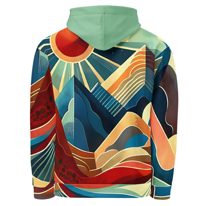 Desert Landscape Abstract Eastern Sierra Hoodie – Unisex Minimalist Artistic All-Over Print Graphic Pullover, Vibrant Mountain Design