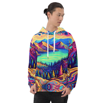 Psychedelic Hoodie Adult, Mountain Lake Forest Landscape All Over Print