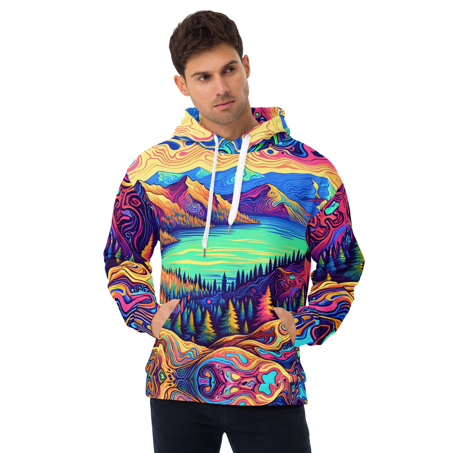 Psychedelic Hoodie Adult, Mountain Lake Forest Landscape All Over Print