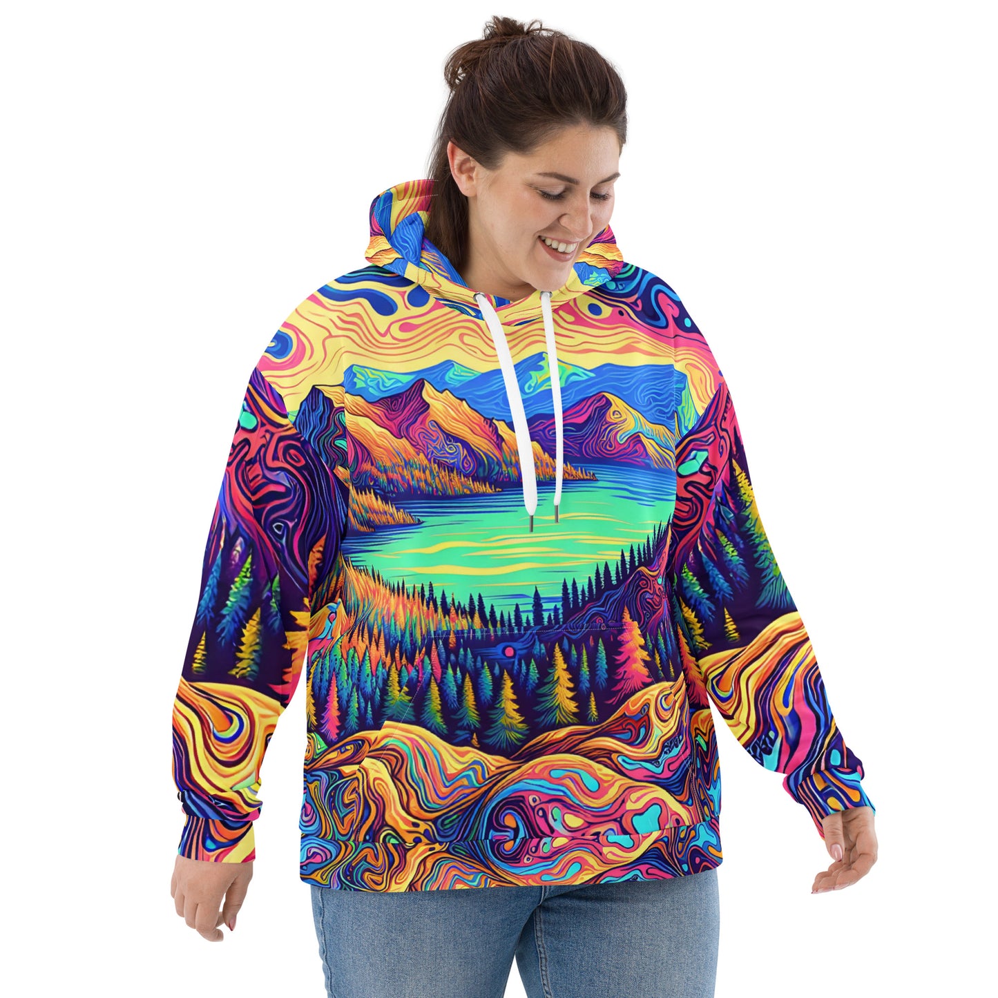 Psychedelic Hoodie Adult, Mountain Lake Forest Landscape All Over Print