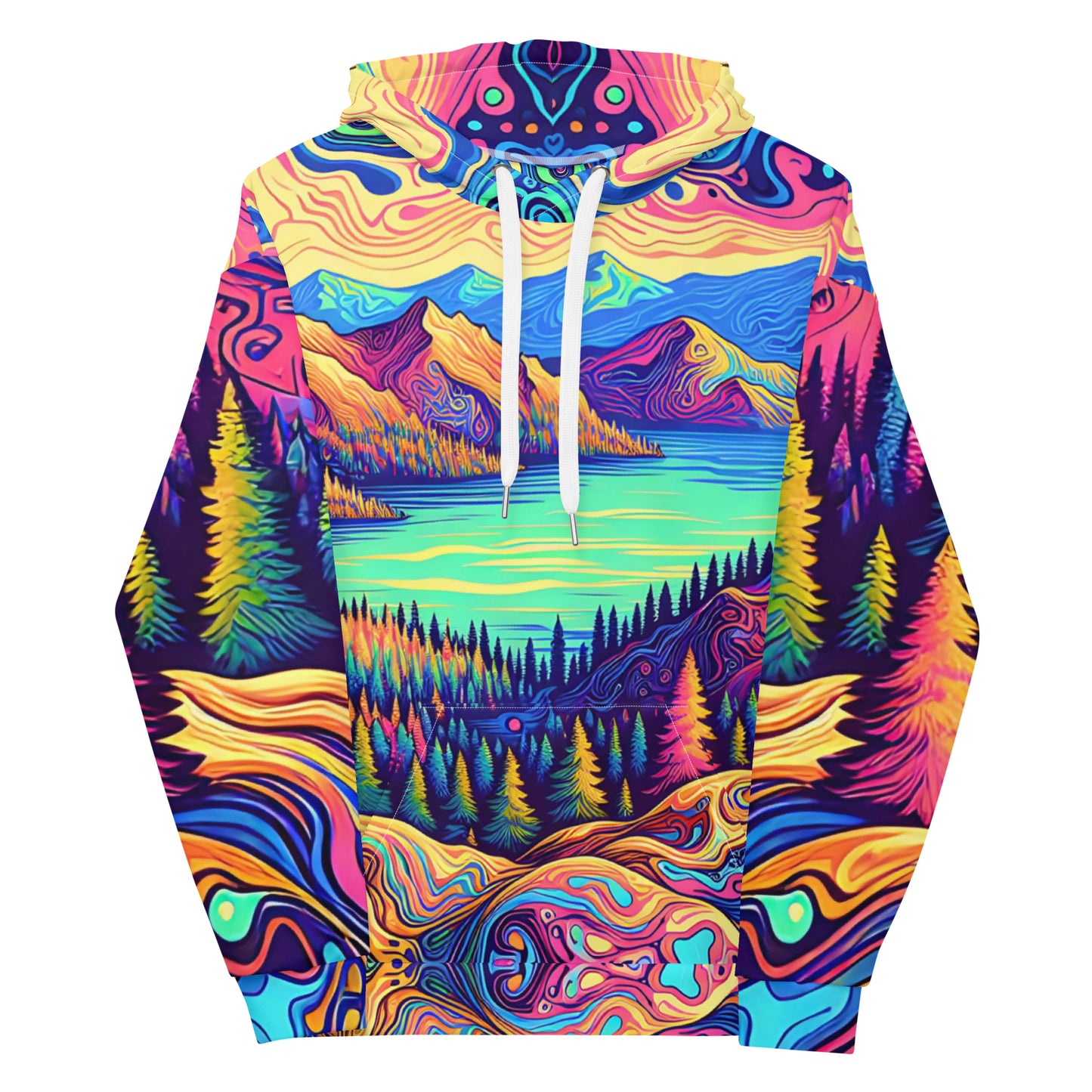 Psychedelic Hoodie Adult, Mountain Lake Forest Landscape All Over Print