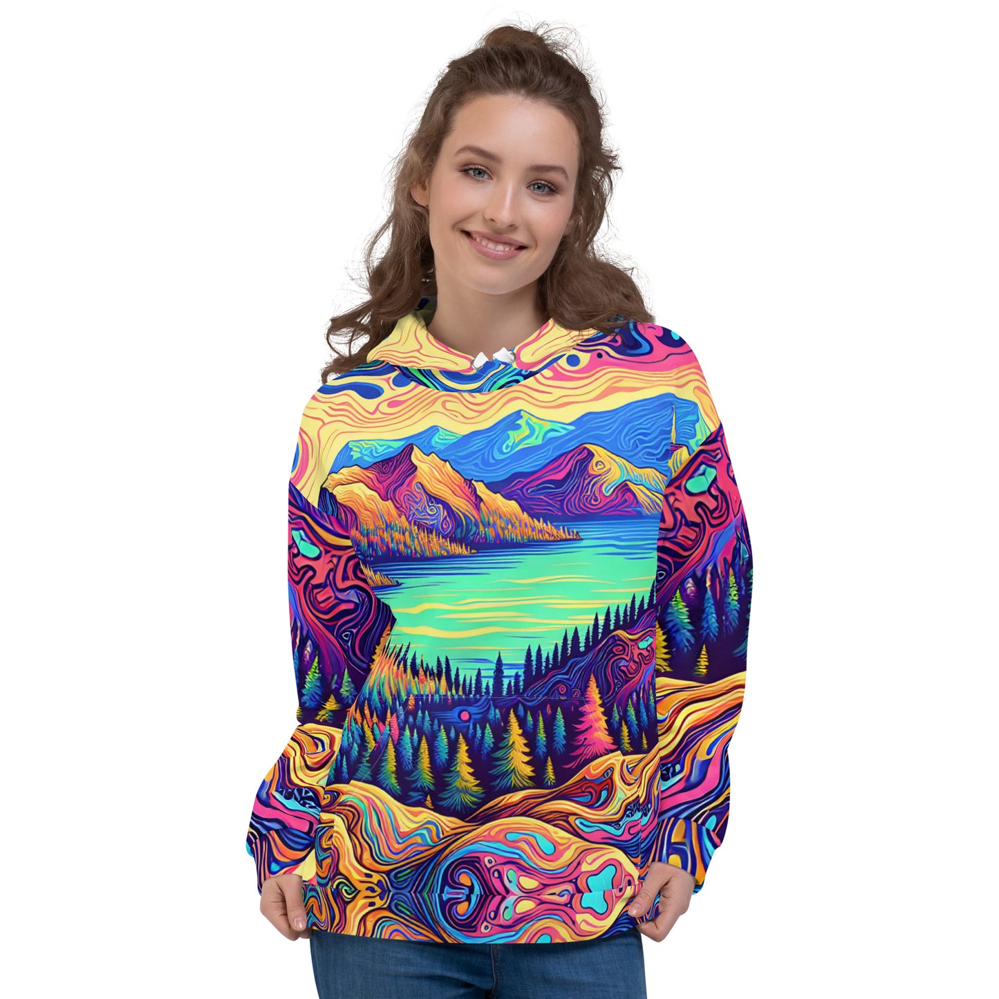 Psychedelic Hoodie Adult, Mountain Lake Forest Landscape All Over Print