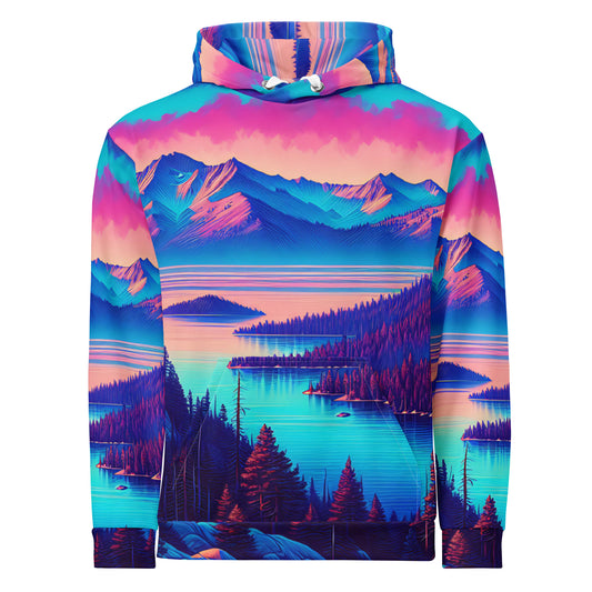 Mountain Landscape Graphic Adult Hoodie, Alpine Glow Sunset All Over Print Pocket