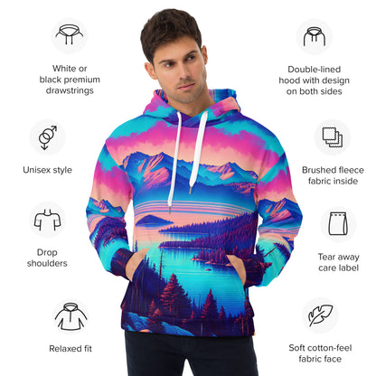 Mountain Landscape Graphic Adult Hoodie, Alpine Glow Sunset All Over Print Pocket