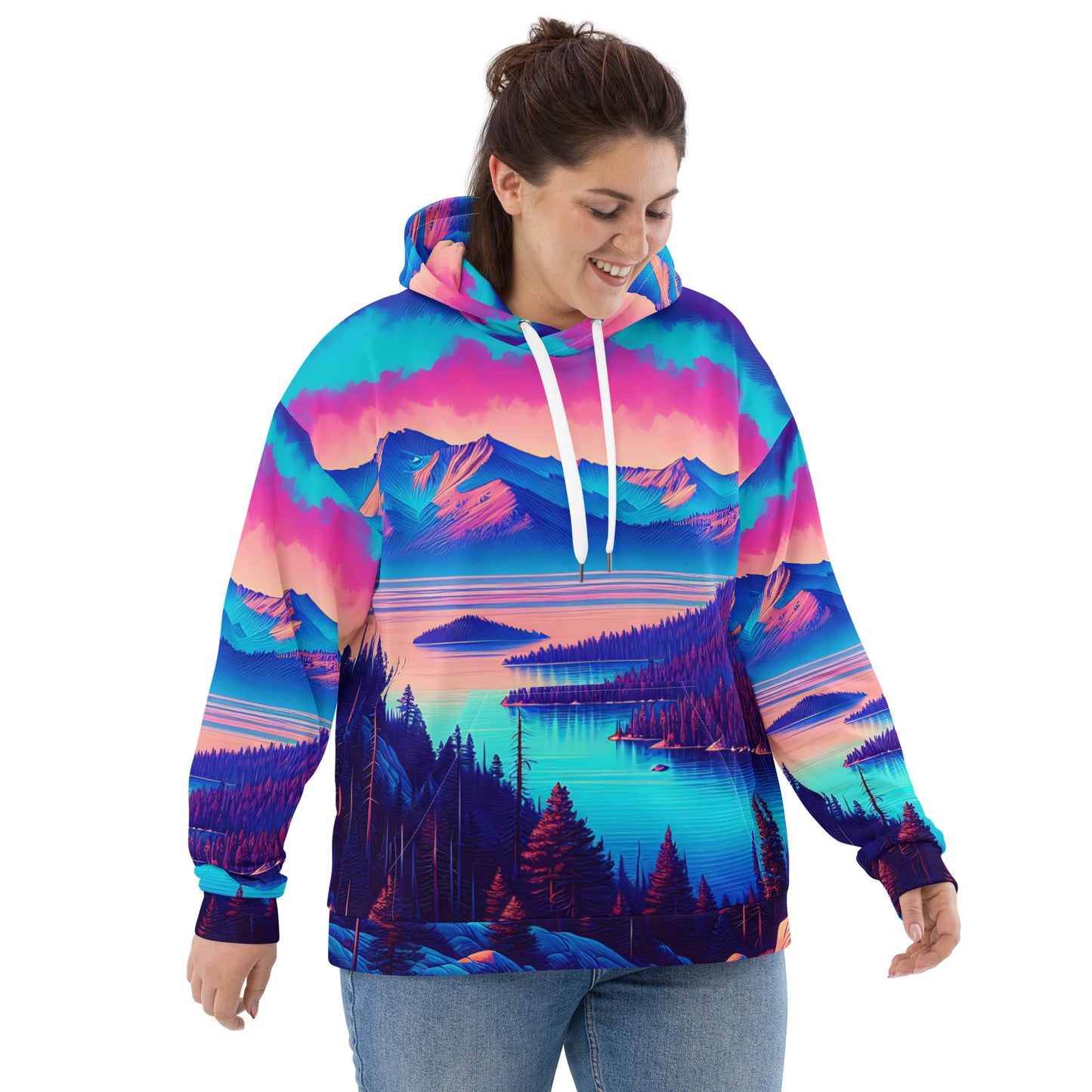 Mountain Landscape Graphic Adult Hoodie, Alpine Glow Sunset All Over Print Pocket