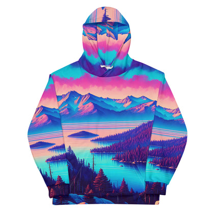 Mountain Landscape Graphic Adult Hoodie, Alpine Glow Sunset All Over Print Pocket