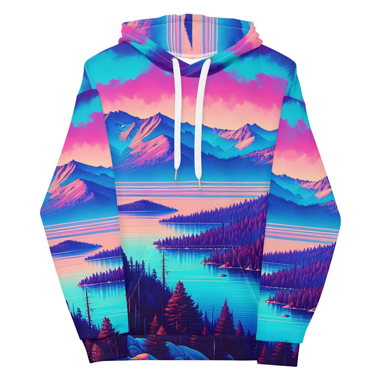 Mountain Landscape Graphic Adult Hoodie, Alpine Glow Sunset All Over Print Pocket