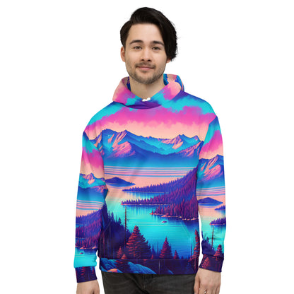 Mountain Landscape Graphic Adult Hoodie, Alpine Glow Sunset All Over Print Pocket