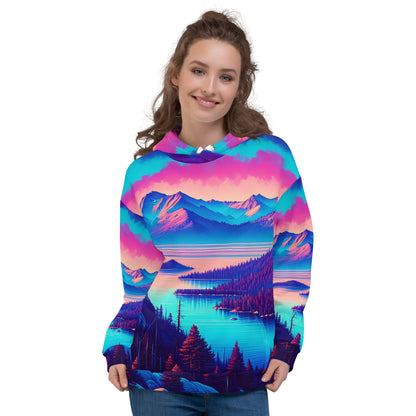 Mountain Landscape Graphic Adult Hoodie, Alpine Glow Sunset All Over Print Pocket