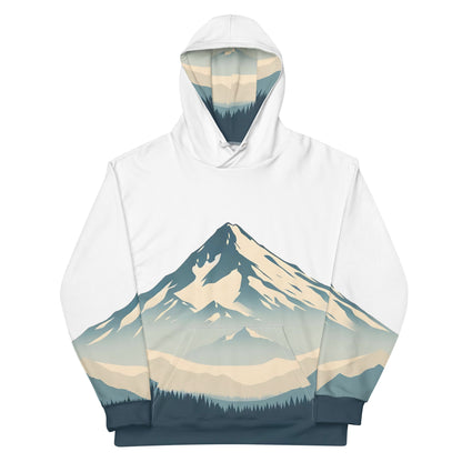 Mount Shasta Graphic Pullover Hoodie, All Over Print Minimalist Artistic Illustration White & Blue Nature Lover Outdoors Design