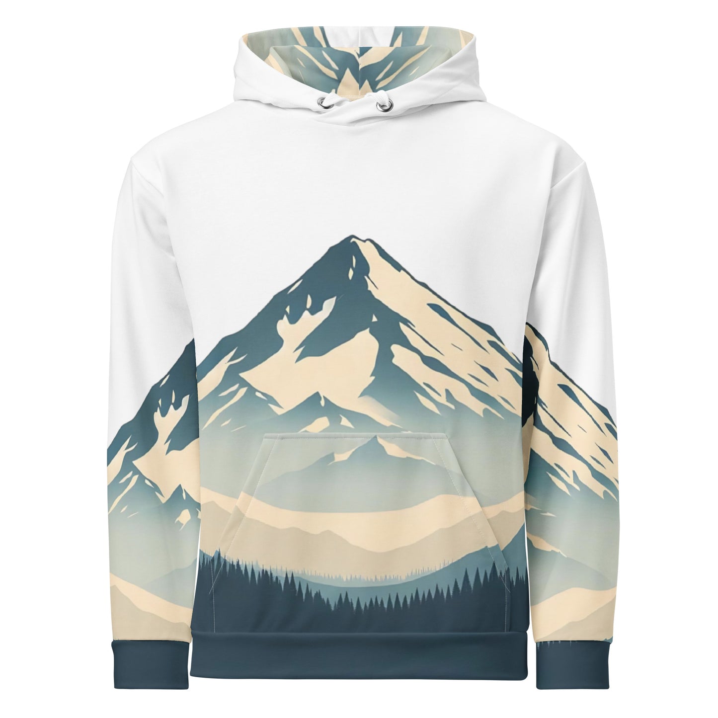 Mount Shasta Graphic Pullover Hoodie, All Over Print Minimalist Artistic Illustration White & Blue Nature Lover Outdoors Design