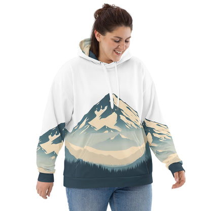 Mount Shasta Graphic Pullover Hoodie, All Over Print Minimalist Artistic Illustration White & Blue Nature Lover Outdoors Design