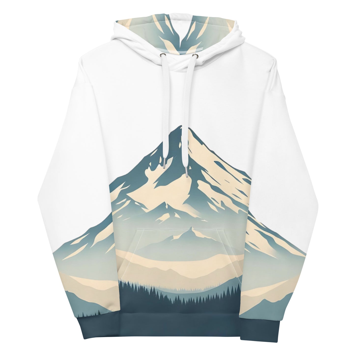 Mount Shasta Graphic Pullover Hoodie, All Over Print Minimalist Artistic Illustration White & Blue Nature Lover Outdoors Design