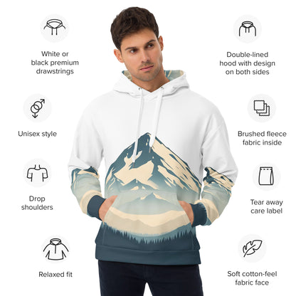 Mount Shasta Graphic Pullover Hoodie, All Over Print Minimalist Artistic Illustration White & Blue Nature Lover Outdoors Design