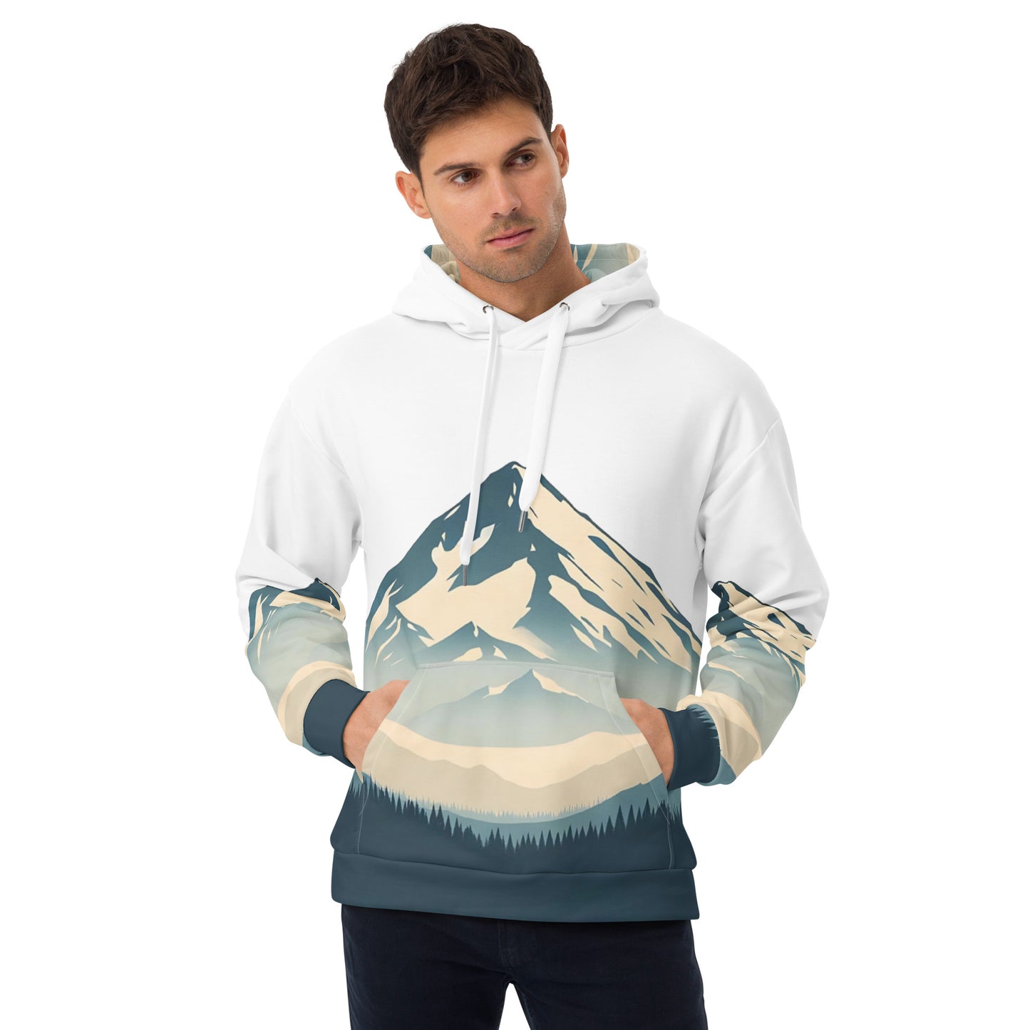 Mount Shasta Graphic Pullover Hoodie, All Over Print Minimalist Artistic Illustration White & Blue Nature Lover Outdoors Design