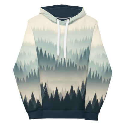 Misty Forest Hoodie Adult, Minimalist Forest Tree Line Gradient All-Over Print Graphic Pullover