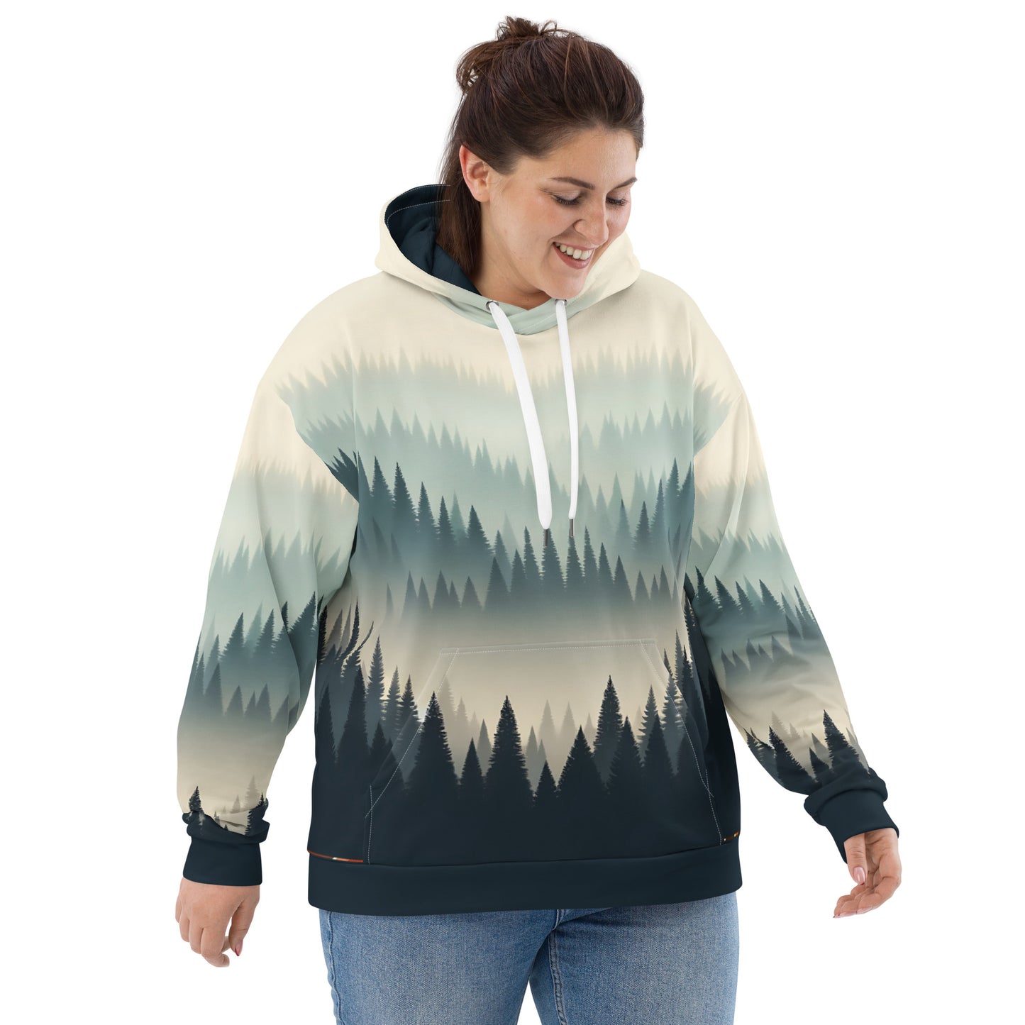 Misty Forest Hoodie Adult, Minimalist Forest Tree Line Gradient All-Over Print Graphic Pullover