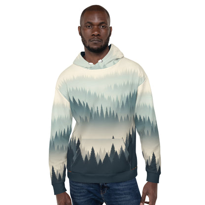 Misty Forest Hoodie Adult, Minimalist Forest Tree Line Gradient All-Over Print Graphic Pullover